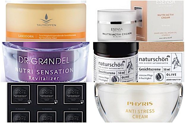 A.Börlind Tautropfen, ESENA NUTRI ACTIV CREAM, Dr. Grandel Nutri Sensations, alverde naturschön Gesichtscreme, YouthShots 7 Tage-Pflege, Phyris Anti-Stress-Creme