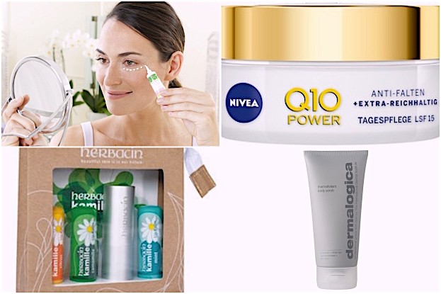 CD Augencreme, Herbacin Lippenset, Nivea Q 10 Tagespflege, Dermalogica Body Scrub