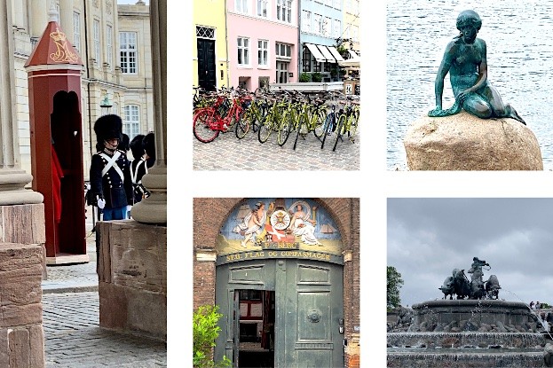 Kopenhagen: Wachablösung Schloß Amalienborg, König Fahrrad, kleine Meerjungfrau, geschmückte Eingangstüre, Gefion-Brunnen