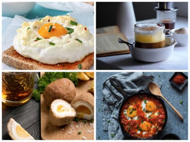 Im Uhrzeigersinn: Cloud Egg, Egg Coffee Scotch Egg, Shakshuka - ©iStock_siims; iStock_YuhtNguyen; iStock_VadimZakirov; iStock_TheCrimsonMonkey