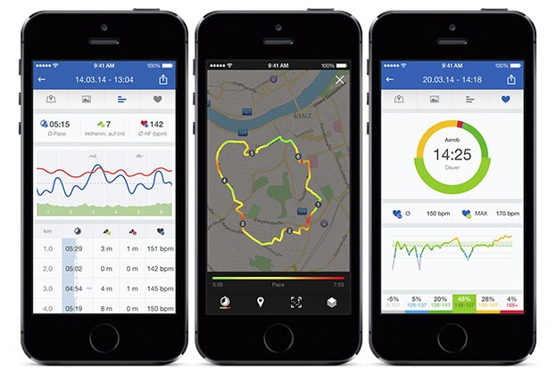 v.l.n.r Runtastic Pace Table, Colored Traces, Heartrate