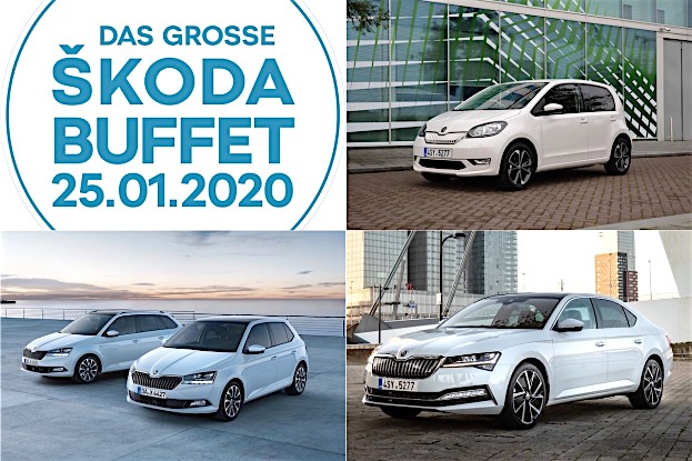 (Modelle von re oben nach li unten): Škoda CITIGOe iV, SUPERB iV, FABIA DRIVE 125 BEST OF, FABIA COMBI DRIVE 125 BEST OF 