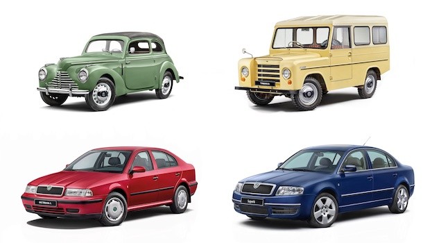 vlnr: ŠKODA 1101/1102 TUDOR, der geländegängige TREKKA,
OCTAVIA  und SUPERB 