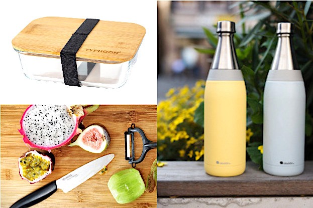 Thypoon Glas Lunchbox; Kyocera Obst-Gemüse Messer; Aladdin Isolierflasche