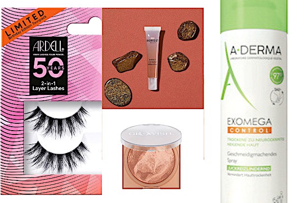 Ardell Wimpern, Jessica Alba Lip Gloss, Glowish Soft Radiance Bronzig Powder, A-DERMA EXOMEGA Control Spray