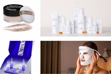 vlnr: Biotulin-Puder, UNYK-Naturkosmetik, Dr. Grandel Ampullen, Skin Led Lichttherapie-Maske - ©biotulin.de; unyk-cosmetics, Dr. Grandel, CurrentBody.com Ltd, 